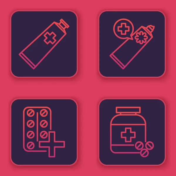 Σετ γραμμή Αλοιφή φάρμακο σωλήνα κρέμα, χάπια σε συσκευασία κυψέλης, Αλοιφή φάρμακο σωλήνα κρέμα και το φάρμακο μπουκάλι και τα χάπια. Μπλε τετράγωνο κουμπί. Διάνυσμα — Διανυσματικό Αρχείο