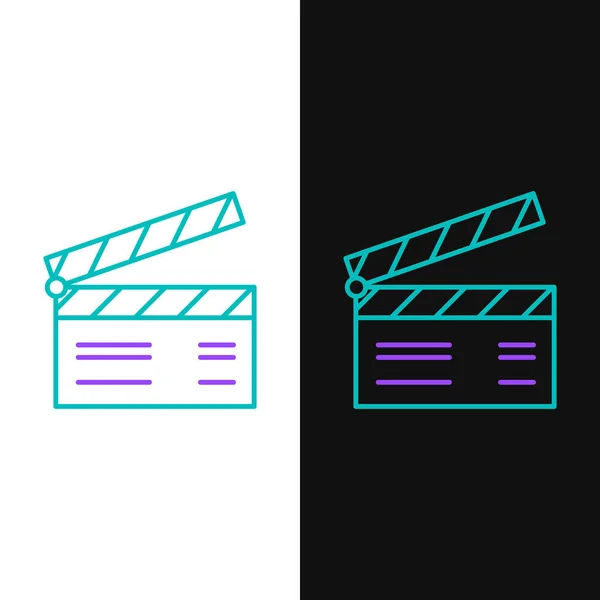 绿色和紫色线条电影拍手图标隔离在白色和黑色背景 电影拍板 板上的标志 电影制作或媒体行业的概念 病媒图解 — 图库矢量图片
