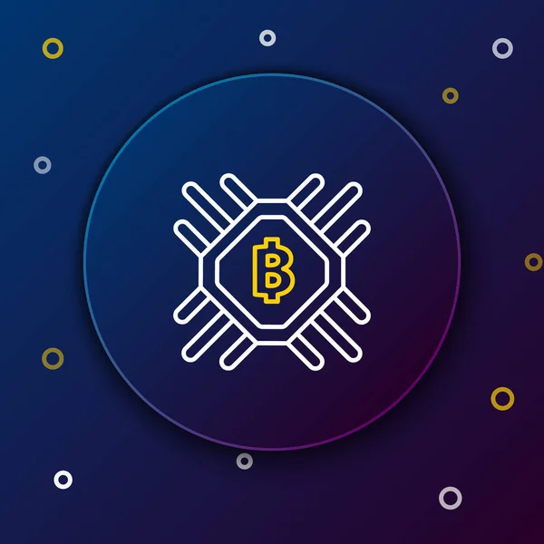 Icono de la granja minera de línea blanca y amarilla CPU sobre fondo azul oscuro. Bitcoin signo dentro del procesador. Criptomoneda comunidad minera. Dinero digital. Concepto de esquema colorido. Ilustración vectorial — Vector de stock