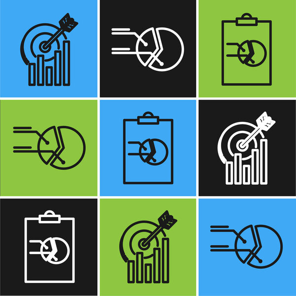Установить линию Target с графиком, буфер обмена с графиком диаграммы и Pie диаграммы инфографический значок. Вектор
