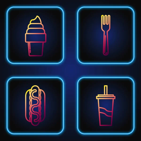 Set line Vaso de papel con paja y agua para beber, bocadillo Hotdog con mostaza, helado en cono de gofre y tenedor. Iconos de color degradado. Vector — Archivo Imágenes Vectoriales