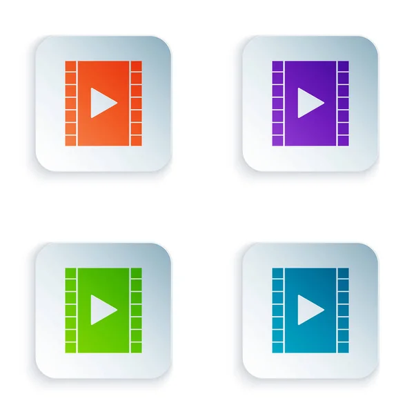 Color Play Icono de vídeo aislado sobre fondo blanco. Película de tira con señal de juego. Establecer iconos en botones cuadrados de colores. Ilustración vectorial — Vector de stock