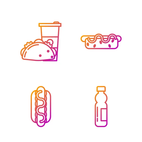 Set Line Bouteille Eau Sandwich Hotdog Moutarde Verre Papier Taco — Image vectorielle