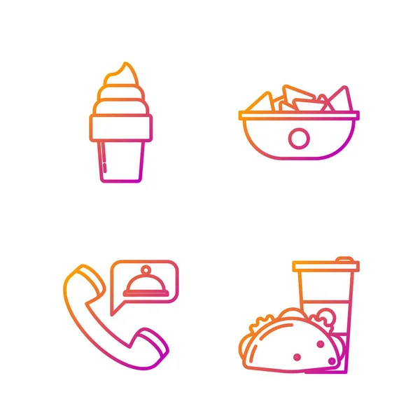 Set Line Vaso Papel Taco Con Tortilla Pedido Alimentos Helado — Vector de stock