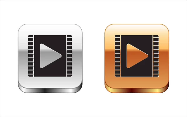 Schwarzes Abspielvideosymbol isoliert auf weißem Hintergrund. Filmstreifen mit Spielzeichen. Silber-Gold quadratischer Knopf. Vektorillustration — Stockvektor