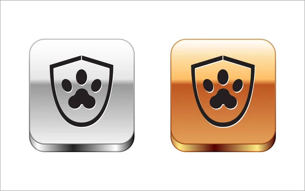 Zwart diergezondheids verzekering pictogram geïsoleerd op witte achtergrond. Huisdier bescherming icoon. Hond of kat Paw Print. Zilver-gouden vierkante knop. Vector illustratie — Stockvector