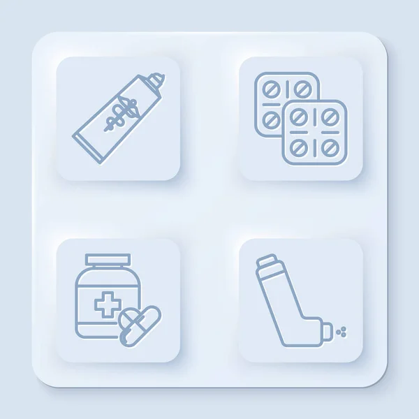 ラインを設定する軟膏クリームチューブ医学、ブリスターパックの丸薬、医学ボトルと薬と吸入器。白い四角形のボタン。ベクトル — ストックベクタ