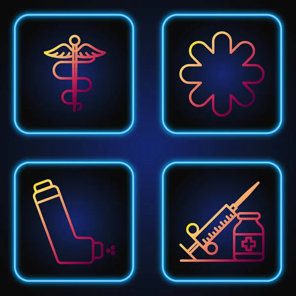 Set line Jeringa médica con aguja y vial o ampolla, Inhalador, Símbolo médico de serpiente Caduceus y Médico de hospital Cross. Iconos de color degradado. Vector — Vector de stock