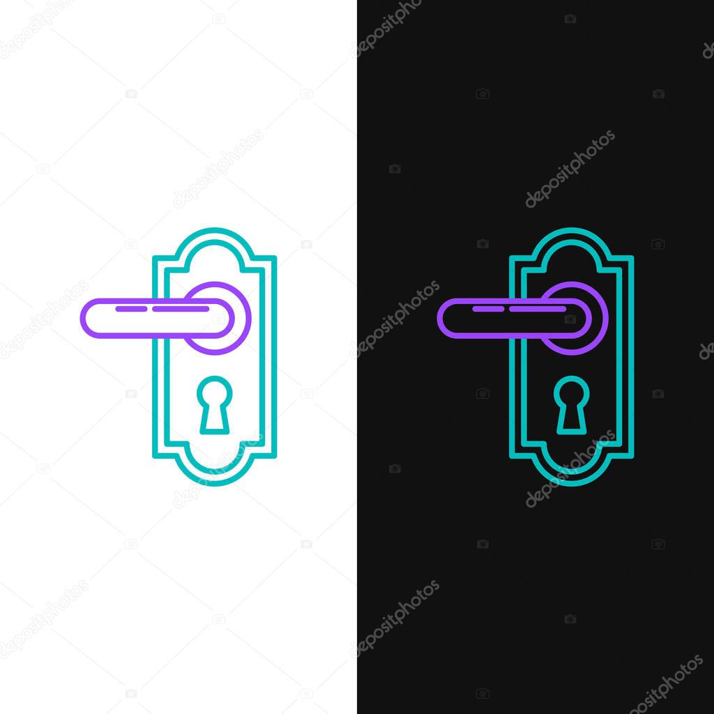 Green and purple line Door handle icon isolated on white and black background. Door lock sign.  Vector Illustration