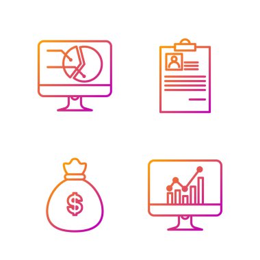 Çizgi bilgisayar monitörünü grafik şeması, para çantası, grafik grafikli bilgisayar monitörü ve özgeçmişli pano ile ayarla. Renk simgeleri. Vektör