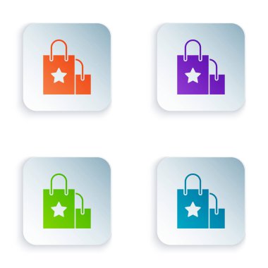 Beyaz arka planda izole renkli kağıt alışveriş çantası simgesi. Paket işareti. Renkli kare düğmeleri simgeleri ayarlayın. Vektör Illustration