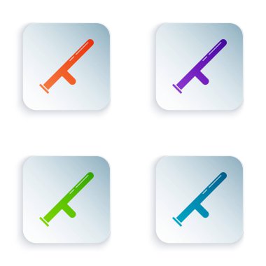 Renkli Polis kauçuk çubuk simgesi beyaz arkaplanda izole edildi. Kauçuk copu. Polis yarasası. Polis ekipmanları. Kare düğmelere simgeleri yerleştir. Vektör İllüstrasyonu