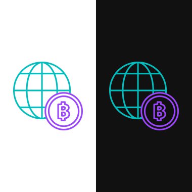 Yeşil ve mor çizgili Globe ve kripto para birimi Bitcoin simgesi beyaz ve siyah arkaplanda izole edilmiş. Madeni para. Engelleme zinciri tabanlı şifreli para birimi. Vektör İllüstrasyonu