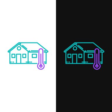 Beyaz ve siyah arkaplanda yeşil ve mor çizgi ev sıcaklığı ikonu izole edildi. Termometre simgesi. Vektör İllüstrasyonu