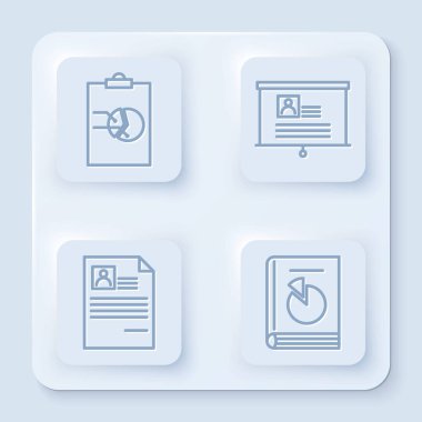Grafik grafikli çizgi panosunu, özgeçmişi olan tahtayı, Özgeçmiş ve Kullanıcı Kılavuzu 'nu ayarla. Beyaz kare düğme. Vektör