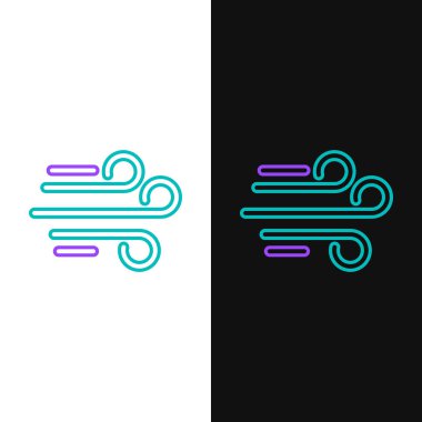 Yeşil ve mor çizgi rüzgar ikonu beyaz ve siyah arkaplanda izole edildi. Rüzgarlı bir hava. Vektör İllüstrasyonu