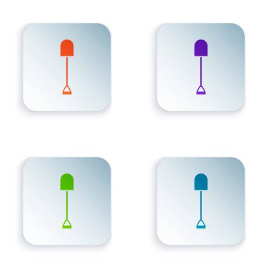 Renkli Kürek simgesi beyaz arkaplanda izole edildi. Bahçe aletleri. Bahçecilik, tarım, çiftçilik aleti. Kare düğmelere simgeleri yerleştir. Vektör İllüstrasyonu