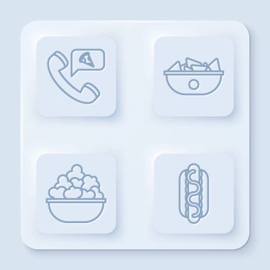 Yemek siparişi, tabak nachos, kasede patlamış mısır ve hardallı Hotdog sandviçi. Beyaz kare düğme. Vektör