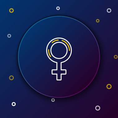 Beyaz ve sarı çizgi kadın cinsiyet simgesi koyu mavi arka planda izole edilmiş. Venüs sembolü. Bir kadın ya da organizmanın sembolü. Renkli taslak konsepti. Vektör İllüstrasyonu