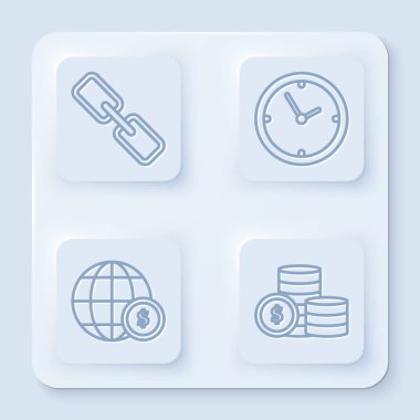 Hat zinciri, saat, dolar sembollü dünya küresi ve dolar sembollü madeni para. Beyaz kare düğme. Vektör