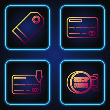 Satır İmza tahtası burada bir yazı dükkanı, kredi kartı, boş etiket etiketi fiyat etiketi ve kredi kartı ile asılı duruyor. Renk simgeleri. Vektör