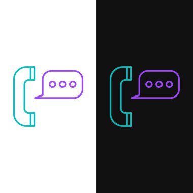 Beyaz ve siyah arkaplanda izole edilmiş konuşma balonu sohbet ikonlu yeşil ve mor hat telefonu. Müşteri hizmetleri, yardım hattı, çağrı merkezi, faq, bakım. Vektör İllüstrasyonu