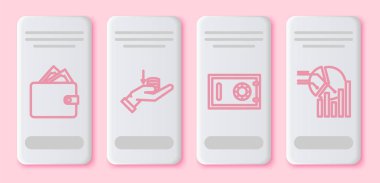 Cüzdanında kağıt para, elinde para, kasa ve turta grafiği olan bir hat ayarla. Beyaz dikdörtgen düğme. Vektör