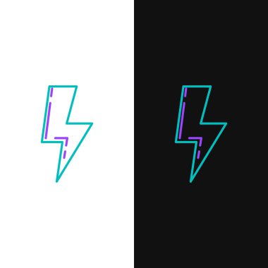 Yeşil ve mor çizgili Şimşek simgesi beyaz ve siyah arkaplanda izole edilmiş. Flaş işareti. Flaş ikonunu yükle. Gök gürültüsü. Yıldırım çarpması. Vektör İllüstrasyonu