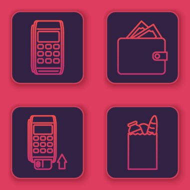 Pos terminalini ayarlayın, Pos terminalini eklenmiş kredi kartıyla donatın, yığınla kağıt para, kağıt alışveriş torbası ve yiyecek dolu cüzdanınız olsun. Mavi kare düğme. Vektör