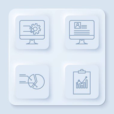 Çizgi bilgisayar monitörünü grafik grafiği ile, bilgisayar monitörünü özgeçmişi ile, grafik grafiği ile Pie çizelgesi bilgisini ve panoyu ayarla. Beyaz kare düğme. Vektör