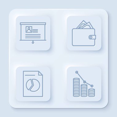 Satır tahtasını özgeçmişi, cüzdanı kağıt para destesi, grafik grafiği ve para grafiği olan dokümanı ve grafiği ile ayarla. Beyaz kare düğme. Vektör