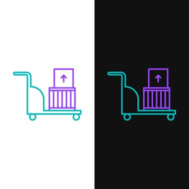 Yeşil ve mor çizgili elektrikli el arabası ve siyah arka planda izole edilmiş kutular. Dolly sembolü. Vektör İllüstrasyonu