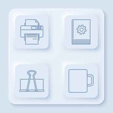 Hattı yazıcı, kullanıcı el kitabı, cilt klipsi ve kahve fincanı. Beyaz kare düğme. Vektör