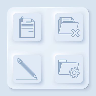 Satır Dosya belgesi ve ataç, dizini sil, silgi ve satır ile kalem ve vitesli dizin ayarlarını ayarla. Beyaz kare düğme. Vektör