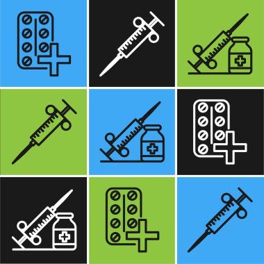 Çizgi haplarını su toplayan paketlere, şırıngaya iğne ve şişe ya da ampul ve şırınga ikonuyla doldurun. Vektör