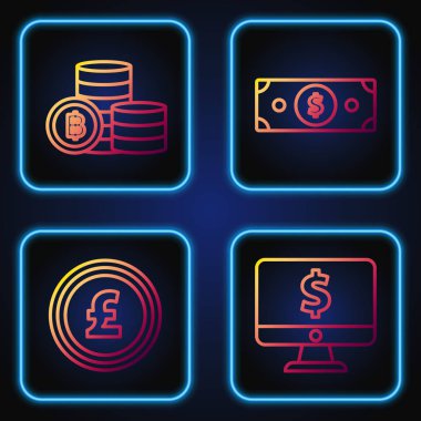 Çizgi bilgisayar monitörünü dolar sembollü olarak ayarla, sterlin sembollü bozuk para, kripto para Bitcoin ve kağıt para yığını. Renk simgeleri. Vektör
