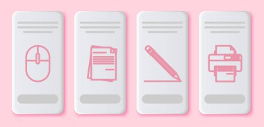 Satır faresi, Dosya belgesi, silgi, satır ve yazıcı ile kalem ayarlayın. Beyaz dikdörtgen düğme. Vektör