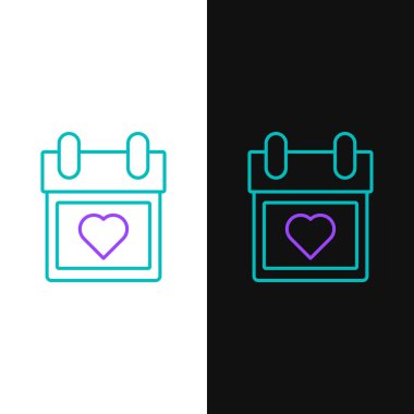 Beyaz ve siyah arkaplanda kalp ikonu olan yeşil ve mor çizgili takvim. Sevgililer Günü. Aşk sembolü. 14 Şubat. Vektör İllüstrasyonu