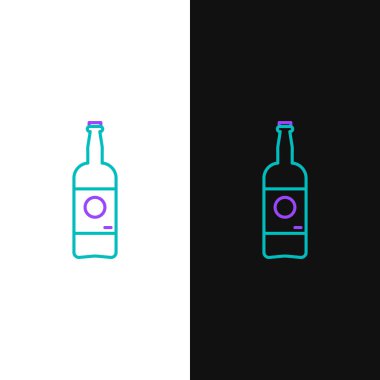 Green and purple line Beer bottle icon isolated on white and black background.  Vector Illustration