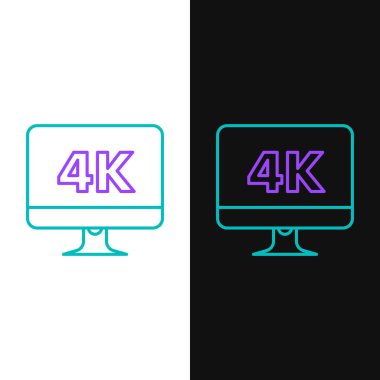 4k video teknolojisi ikonu beyaz ve siyah arkaplanda izole edilmiş yeşil ve mor çizgi bilgisayar bilgisayar ekranı. Vektör İllüstrasyonu