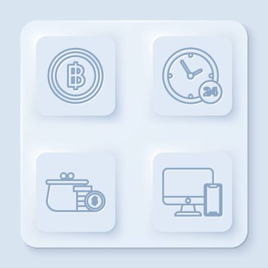 Kripto para Bitcoin, saat 24 saat, bozuk paralı cüzdan, bilgisayar monitörü ve cep telefonu. Beyaz kare düğme. Vektör