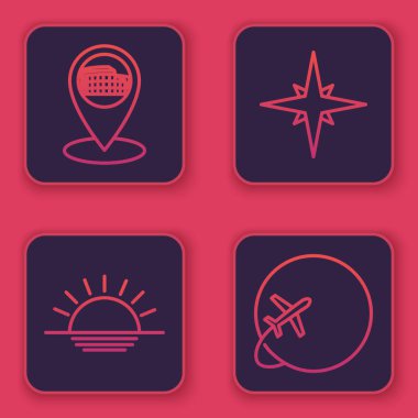 Roma, İtalya, Günbatımı, Rüzgar yükseldi ve Dünya 'da uçan uçakla Kolezyum' un haritasını çizdi. Mavi kare düğme. Vektör