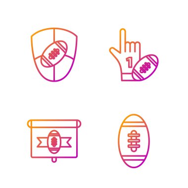 Amerikan futbolu, Amerikan futbolu, Amerikan futbolu ve kalkanı ve parmak kaldırılmış bir numaralı fan eldiveni ve Amerikan futbol topu. Renk simgeleri. Vektör