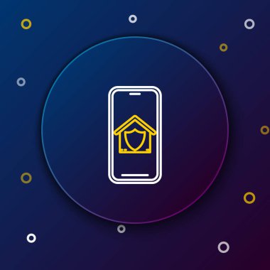 Beyaz ve sarı çizgili cep telefonu ve koyu mavi arka planda koruma simgesi altında ev. Koruma, güvenlik, güvenlik, koruma, savunma konsepti. Renkli taslak konsepti. Vektör İllüstrasyonu