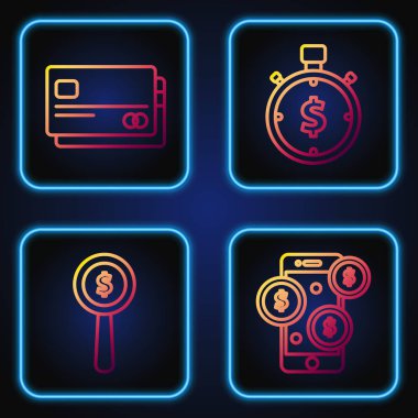 Dolar sembollü akıllı telefon, büyüteç ve dolar sembolü, kredi kartı ve zaman para demektir. Renk simgeleri. Vektör