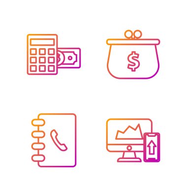 Satır Finansal şemasını ya da grafiğini bilgisayar monitörü ve cep telefonuna, adres defterine dolar sembollü hesap makinesine ve dolar sembollü cüzdana ayarla. Renk simgeleri. Vektör