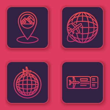 Set line Map pointer with Egypt pyramids, Globe with flying plane, Globe with flying plane and Airline ticket. Blue square button. Vector