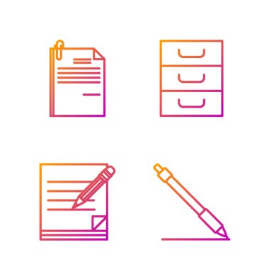 Set line Pen line, Blank notebook and pencil with eraser, File document and paper clip and Drawer with documents. Gradient color icons. Vector