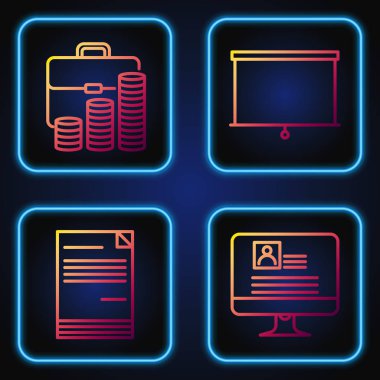 Set line Computer monitor with resume, Document, Briefcase and coin and Chalkboard. Gradient color icons. Vector