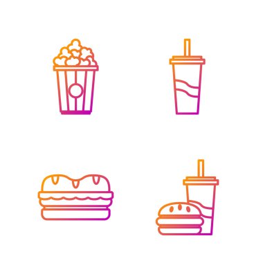 Saman ve burger, sandviç, karton kutuda patlamış mısır ve kamış ve su içen kağıt bardak. Renk simgeleri. Vektör